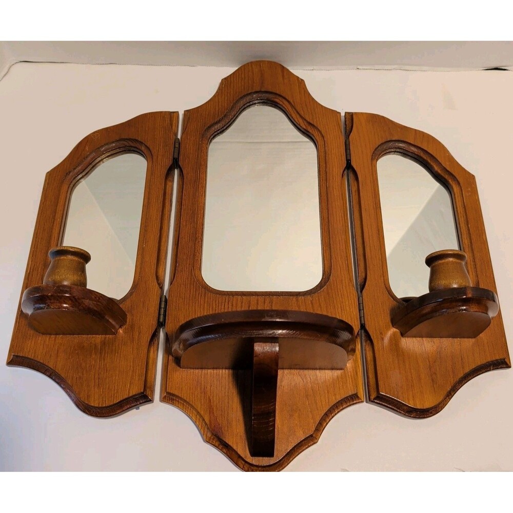 Vintage MCM Tri-fold Handcrafted Wooden Wall Sconce Mirror Candle Holders